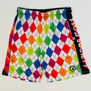 Flow Society Lacrosse Shorts Boys XL Neon Rainbow Argyle Diamonds Lax White